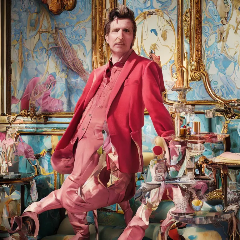 Image similar to vogue photoshoot octane render portrait by wayne barlow and carlo crivelli and glenn fabry, a handsome eccentric man in a bright colorful pastel wes anderson uniform inside a high - end exotic vintage boutique hotel bar, very short depth of field, bokeh