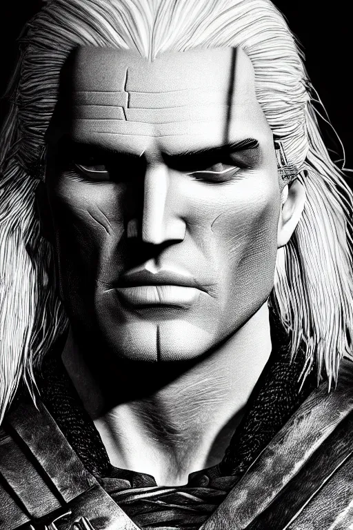 Image similar to 3 / 4 profile picture of geralt of rivia, 5 5 mm lens, professional photograph, black and white, times magazine, serious