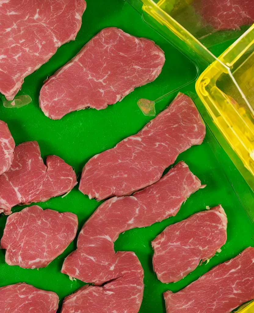 Prompt: uncooked meat on a green pcb in a yellow plexiglass box with metal fram, 8 k