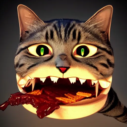 Image similar to deeply feared and terrified cat running away from the giant carnivorous sandwich, artstation hq, dark phantasy, stylized, symmetry, modeled lighting, detailed, expressive, true unsimulated emotions, created by hayao miyazaki