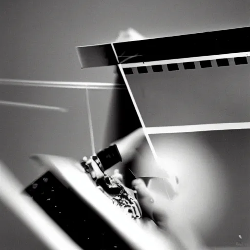Image similar to close-up portrait of Marcel Duchamp working on a minimal machine, long exposure, minimal composition, packshot, archival pigment print