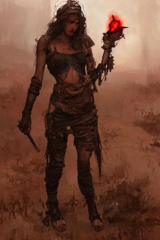 Image similar to a full body portrait of a beautiful post apocalyptic offworld butchers district bedouin blind pulp fiction scarlet wild rogue barbarian leper begging by the roadside, intricate, elegant, highly detailed, digital painting, artstation, concept art, smooth, sharp focus, illustration, art by krenz cushart and artem demura and alphonse mucha