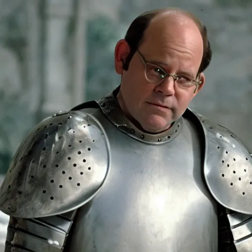 Prompt: film still of George Costanza as knight in game of thrones