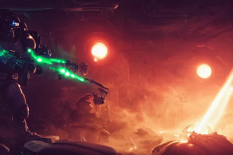 Image similar to VFX movie of a futuristic inhuman alien spacemarines in future spaceship, firing gun at space pirates detailed creature skin neon lighting by Emmanuel Lubezki