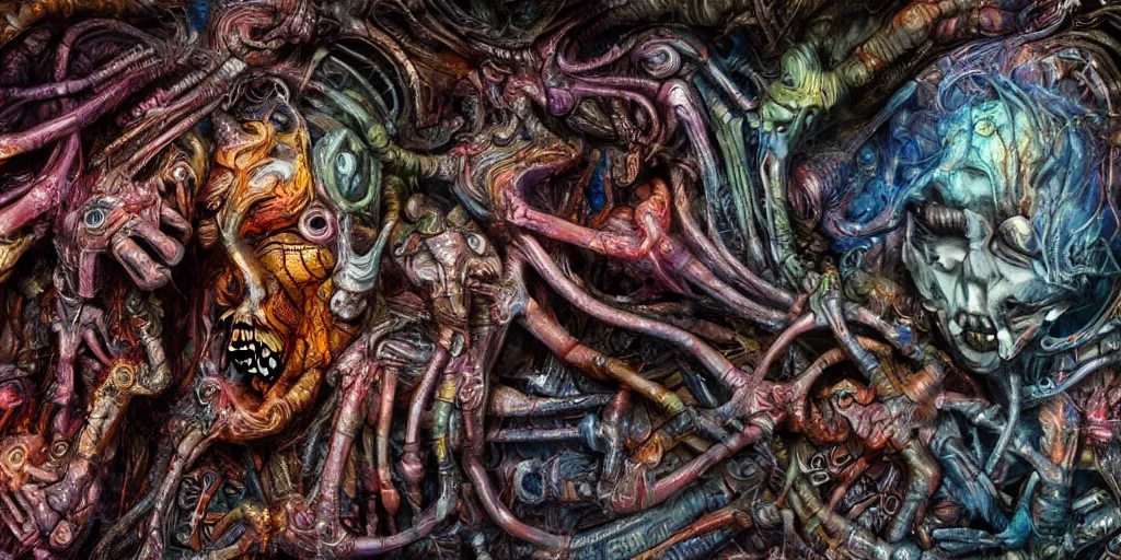 Image similar to dreamscape, giger, vivid colors, colorful, anatomical, highly detailed sculpture, intricate detailed, ommatidia, 8 k, cinematic atmosphere, post - processing