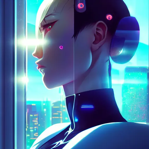 Prompt: beautiful cyborg - girl punching through a large reflective shattering window, window reflections, reflective, mirror reflection, refractions on lens, full round face, biomechanical details, cyberpunk anime art, full body shot, lens flare, wlop, ilya kuvshinov, artgerm, krenz cushart, greg rutkowski