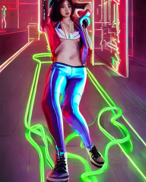 Image similar to a full body illustration of an Asian female cyberpunk character wearing tight neon leather pants and tennis shoes, highly detailed, oil on canvas, soft lighting, neon pastel colors, by Glenn Fabry, HD, 4K