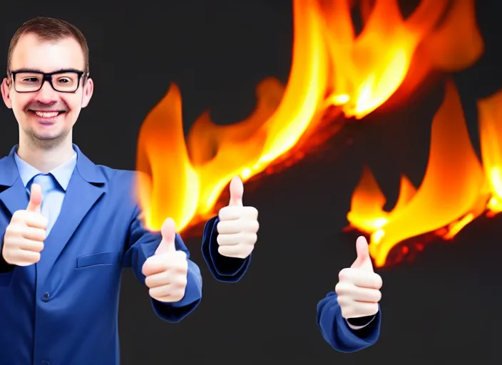 Prompt: A system administrator doing a thumb up to the camera in front on burning servers, servers in flames, happy system administrator doing a thumb up, uncropped, full body