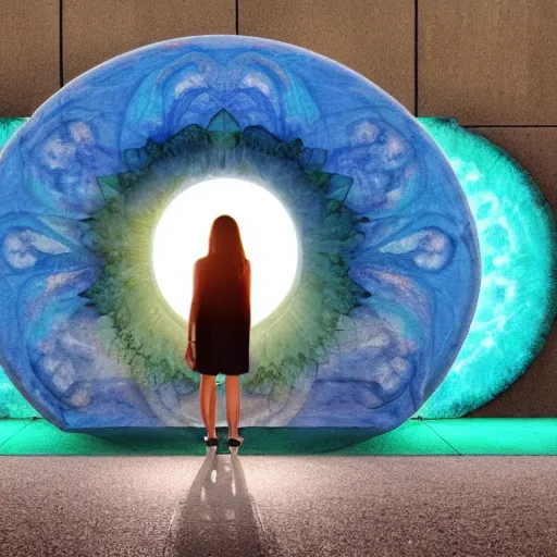 Prompt: a woman facing an portal on the street. the street leads dozen a city. the portal is oval, upright and surrounded by blue energy. the portal leads to a beach at sunset