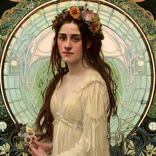 Image similar to a detailed, intricate art nouveau portrait painting of a girl who resembles 1 8 - year - old saoirse ronan and emma watson in a white bridal gown, in a garden of fireflies and glowing lanterns at night, by alphonse mucha, donato giancola, and john william waterhouse