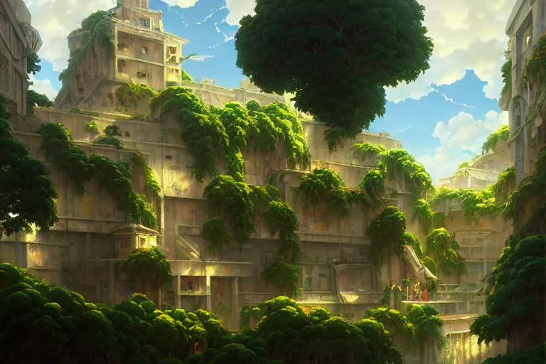 Image similar to baroque oil painting of anime key visual environment concept art of anime hanging gardens of babylon, brutalist, dark fantasy, rule of thirds, digital cel shading, fake hidden detail, trending on pixiv fanbox, acrylic palette knife and brush, style of makoto shinkai studio ghibli genshin impact jamie wyeth james gilleard greg rutkowski