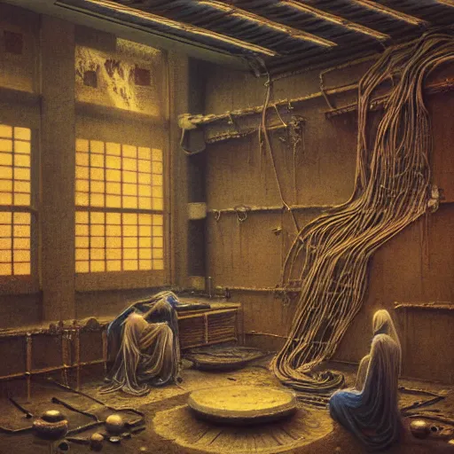 Image similar to detailed painting of a japanese repair shop interior room with celestial ephemeral ornaments and hr giger architecture, artstation, beksinski, cinematic