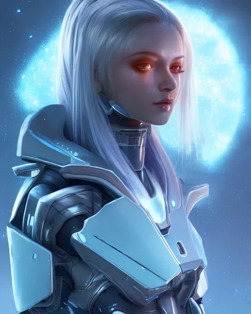 Image similar to perfect android girl on a mothership, warframe armor, beautiful face, scifi, futuristic, galaxy, nebula, raytracing, dreamy, long white hair, blue cyborg eyes, sharp focus, cinematic lighting, highly detailed, artstation, divine, by gauthier leblanc, kazuya takahashi, huifeng huang