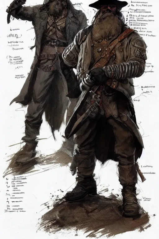 Prompt: character design, reference sheet, 40's adventurer, black beard, stained dirty clothing, straw hat, heavy boots, leather bomber jacket, detailed, concept art, , art by Frank Frazetta