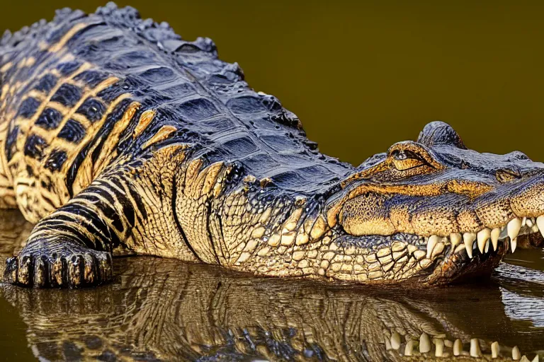 Image similar to an alligator tiger!!! hybrid! hyper realistic!! realistic lighting!! wildlife photographer of the year!!! bold natural colors, national geographic, hd, wide angle, 8 k