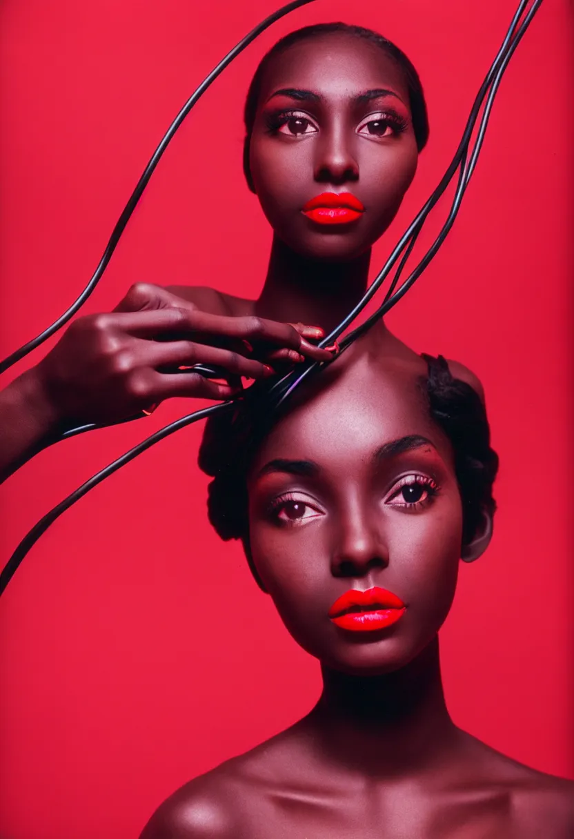 Prompt: medium shot, photograph of alluring dark skin young woman looking into camera, red lipstick, hundreds of cables and wires tightly wrapped around face and body, sharp focus,, chromatic abberations, as fashion editorial 90s, kodak ektachrome