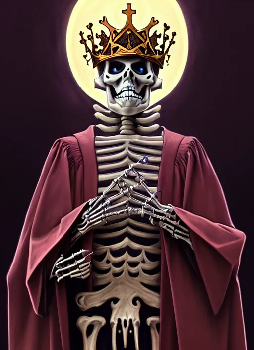 Image similar to undead skeleton king, wearing an academic gown, regal, tarot card, highly detailed, deep focus, elegant, digital painting, smooth, sharp focus, illustration, ultra realistic, 8 k, art by artgerm and alphonse mucha and greg rutkowski