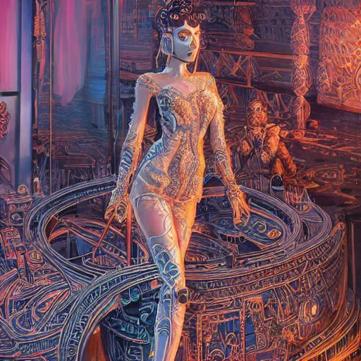 Image similar to the portrait of an absurdly graceful, sophisticated, fashionable ottomanpunk robotess idol, an ultrafine hyperdetailed illustration by kim jisu, intricate linework, neon wiring, porcelain skin, unreal engine 5 highly rendered, global illumination, radiant light, detailed and intricate environment, by rutkowski, artgerm