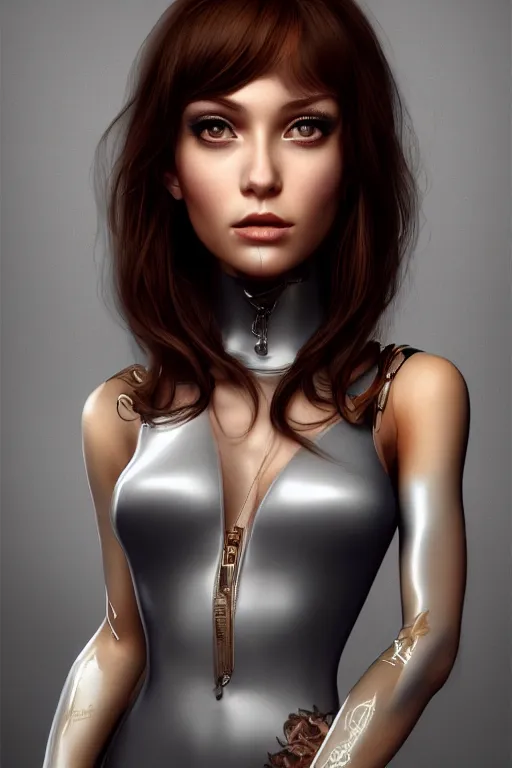 Prompt: full portrait of a beautiful female dollpunk with thin lustrous hair wearing a bodysuit, reflections, focus, detailed, realistic eyes, symmetric features proportions, intricate facial skin details, award winning, trending in cgsociety artstation deviant art, octane render, byTom Bagshaw