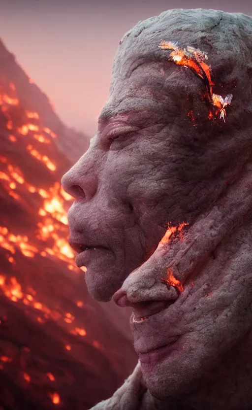Prompt: extremely detailed cinematic movie still 3 0 7 7 portrait shot of a god of fire 2 5 years old white man hyperreal skin face at the mountain top by denis villeneuve, wayne barlowe, simon birch, marc simonetti, philippe druillet, beeple, bright volumetric sunlight from remote star, rich moody colors, closeup, bokeh