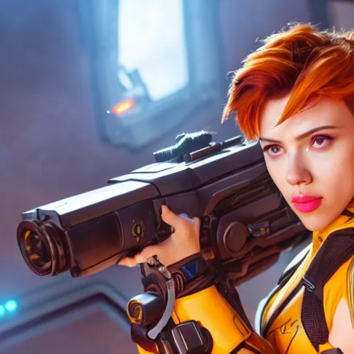 Image similar to scarlett johansson as tracer, overwatch, photography, movie,