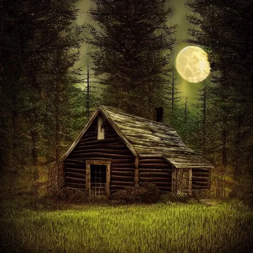 Prompt: peaceful forgotten cabin. masterpiece digital art, dark, scary. endless tall trees in the background. scary morbid scarecrow in for ground. nighttime. dreamlike. the moon shines.