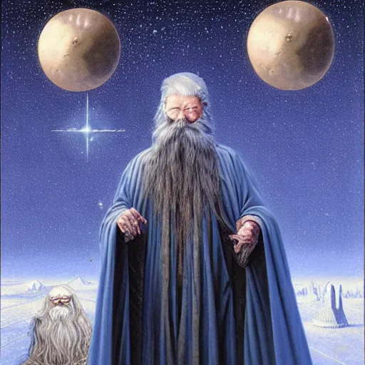 Image similar to majestic wizard with white long beard, blue coat with golden stars ornament, by wayne barlowe