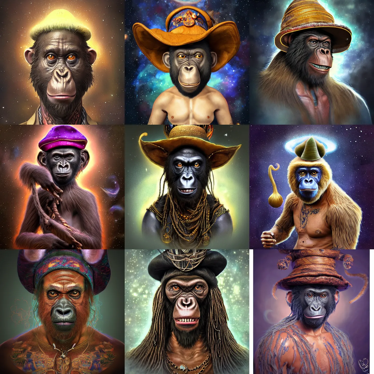 Prompt: a wlop 3 d render of very very very very highly detailed beautiful mystic portrait of a student voodoo ape in a hat with whirling galaxy around, tattoos by anton pieck, intricate, extremely detailed, digital painting, artstation, concept art, smooth, sharp focus, illustration, intimidating lighting, incredible art,