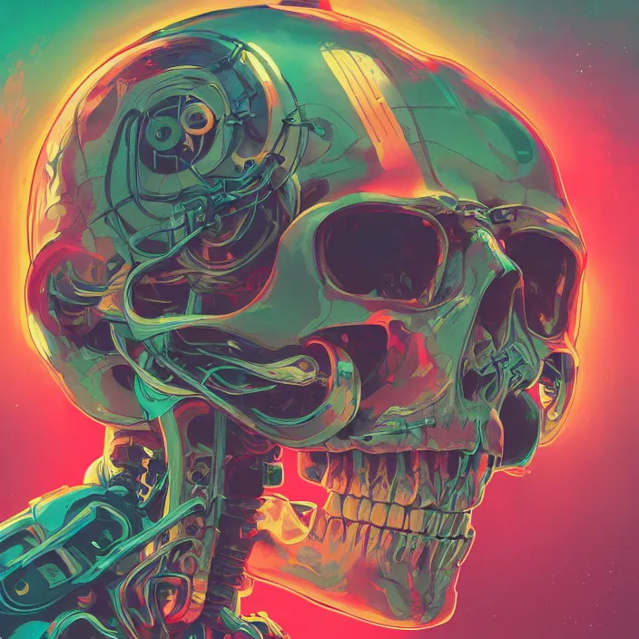 Image similar to a beautiful painting of a cyberpunk skull by simon stalenhag and pascal blanche and sachin teng and alphonse mucha. in style of digital art. colorful comic, film noir, symmetry, hyper detailed. octane render. trending on artstation