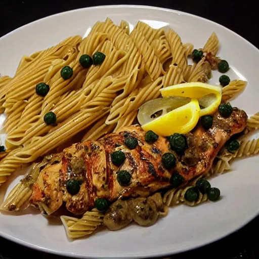 Image similar to an award winning photograph of dish made out of grilled chicken, pasta with creamy sauce, capers, lemons, product presentation, HD
