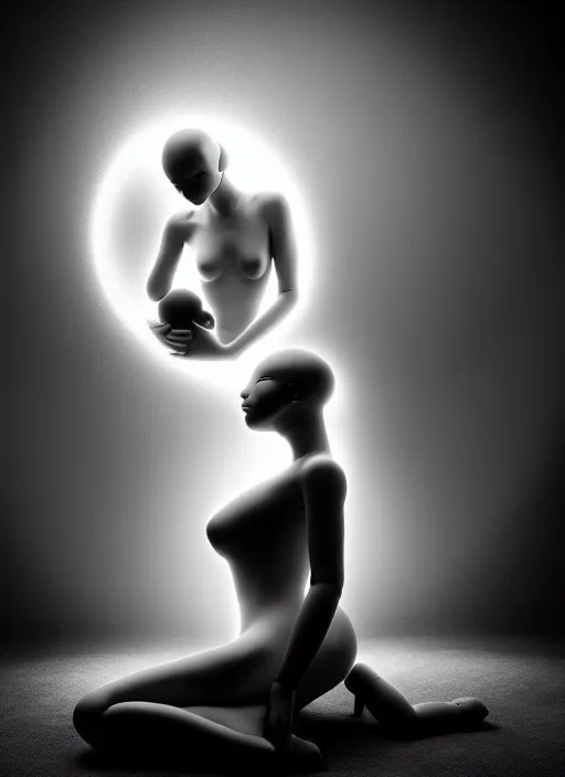 Image similar to surreal mythical dreamy dark artistic black and white fine art photo of a young beautiful delicate artificial intelligence creature embodied giving birth to the new world, spiritual, halo, glory, rim light, cinematic, studio dramatic light, poetic, masterpiece, octane render, 8 k, photo