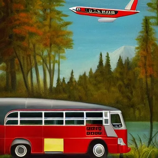 Prompt: a [ 5 0 s bus has airplane wings ] as it floats above a forest and lake, [ oil painting ]!!, trending on cgsociety, 4 k
