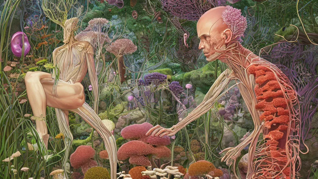 Image similar to highly detailed illustration of an anatomic human with all the known species of plants, flowers, corals, mushrooms and jellyfish by juan gatti, by makoto shinkai, by moebius!, by oliver vernon