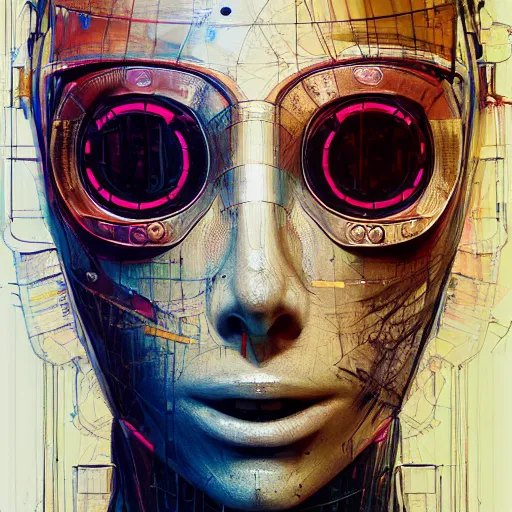 Prompt: human 3 d by pantokrator, beautiful woman head made of mech mask rendered in unreal engine, cyberpunk, rave, scifi, painted by david burliuk | bernard buffet | carne griffiths | stanislaw lem