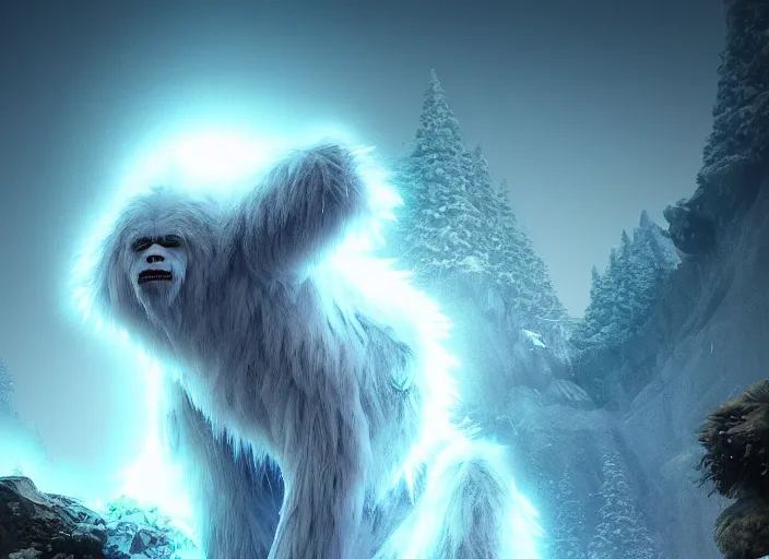 Image similar to bioluminescent furry yeti on a angelic biome, fantasy, hyper realism, wet reflections, intricate, digital art, detailed, studio shot, unreal engine 5, octane, high definition, smooth, artstation, behance