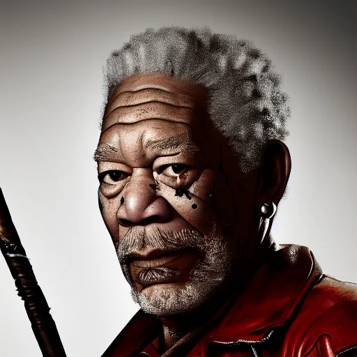 Prompt: photo of Morgan Freeman dressed as Negan, mischievous look with his barbed baseball bat Lucille, in the style of George Hurrell, white fog, octane render