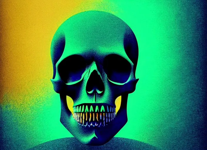 Image similar to portrait of a zombie skull monster, colorful, modern art deco, mads berg, karolis strautniekas, christopher balaskas, stippled light, fog, moody, fine texture, editorial illustration, dramatic lighting, dynamic composition, detailed, matte print, dynamic perspective, muted color