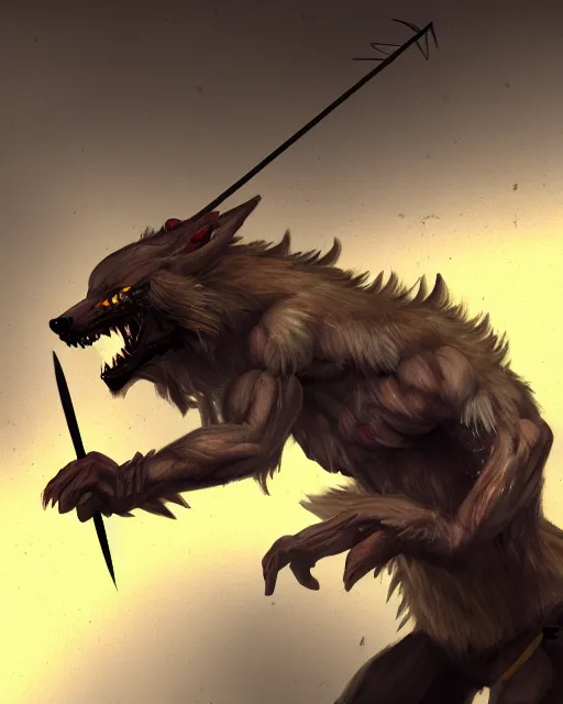 Prompt: illustration of a lycanthrope being killed by a spear, concept art, ambient lifting, trending on artstation, deviantart