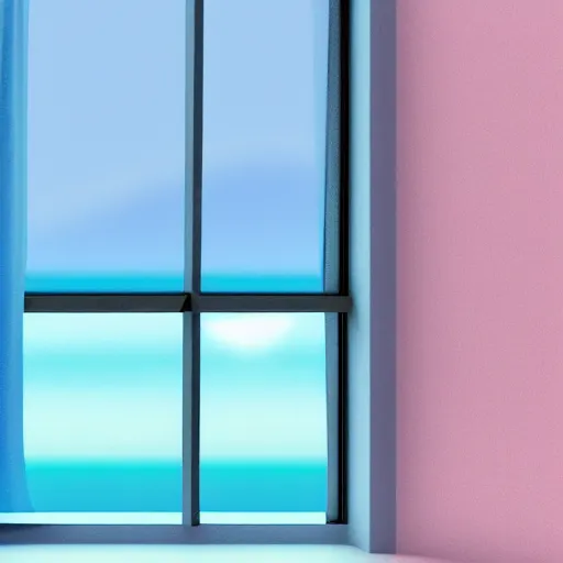 Image similar to perfume bottle on window sill in a pastel clean modern minimalist room with a view of the beach and sunset in an easter - blue room well contoured smooth fair walls, up close shot, sharp focus, zen, clean, modern minimalist, octane highly render, 4 k, ultra hd,