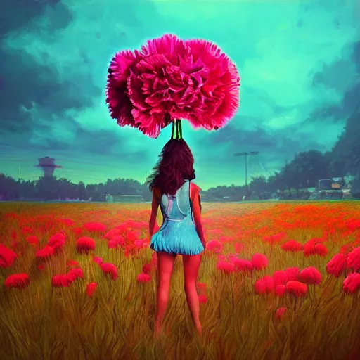 Image similar to giant carnation flower head, frontal, girl in a suit, surreal photography, sunrise, dramatic light, impressionist painting, digital painting, artstation, simon stalenhag