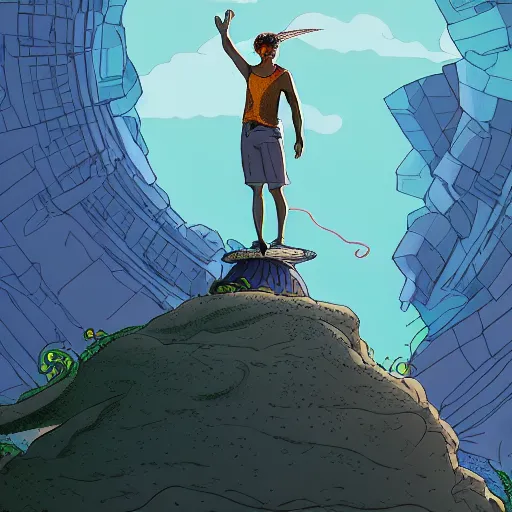 Image similar to a young mixed race male explorer wearing a futuristic headpiece who is standing on top of a giant head of a statue in the style of max prentis and moebius and murton.arts, highly detailed, 8k wallpaper, adventure time colour palette