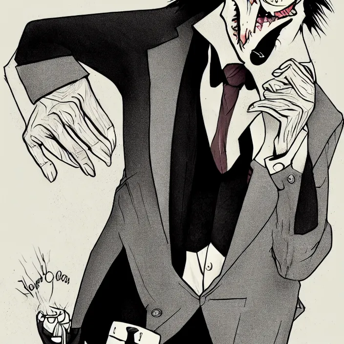 Image similar to a handsome werewolf boyfriend in a dapper suit, furry art, trending on artstation, by junji ito, 8 k