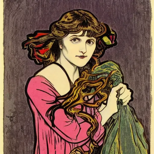 Image similar to a girl with a spider, colored woodcut, flat pastel colors, by Mackintosh, by Alfons Mucha, art noveau, by Gustave Dorè