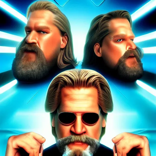 Image similar to dude lebowski played by jeff bridges ( accurate facial proportions ), in tron world, photorealistic movie still, detailed 8 k, poster style, high resolution