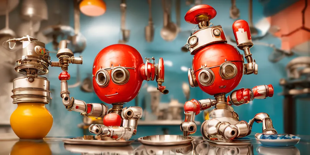 Image similar to closeup portrait of tin toy retro robot chef mixing colourful lab vials cooking pastry in a kitchen, depth of field, zeiss lens, detailed, centered, fashion photoshoot, by nicoletta ceccoli, mark ryden, lostfish, breathtaking, 8 k resolution, extremely detailed, beautiful, establishing shot, artistic, hyperrealistic, octane render