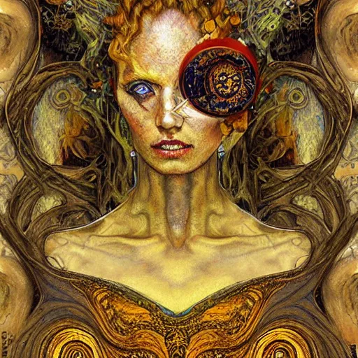 Image similar to Memento Mori by Karol Bak, Jean Deville, Gustav Klimt, and Vincent Van Gogh, beautiful visionary mystical portrait, otherworldly, fractal structures, ornate gilded medieval icon, third eye, spirals, botanical calavera by William Morris