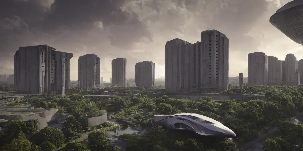 Image similar to futuristic spaceship, on the background brutalist architecture by Le Corbusier, abandoned buildings, empty streetscapes, surrounded by lush green vegetation, ground-level view, puddles of water, stunning volumetric lighting, sunset, trending on Artstation, 8k, photorealistic, hyper detailed, unreal engine 5, cinematic, epic lighting, cryengine, octane render, cyberpunk, red and orange glow, dark, gloomy