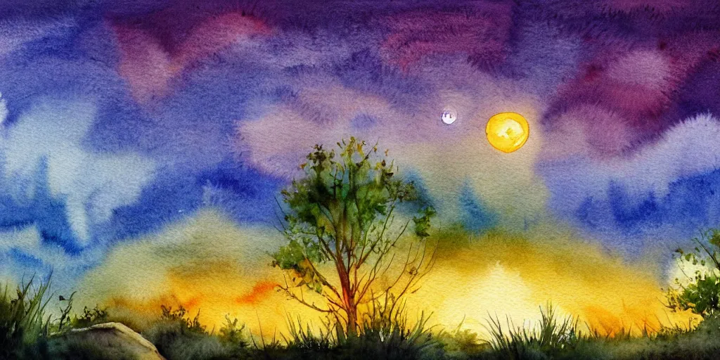 Image similar to nighttime nature landscape, watercolor, ultra realistic, highly detailed, hd, sharp focus, warm colors, realistic, vivid colors, painting, non blurry, sharp, smooth, illustration