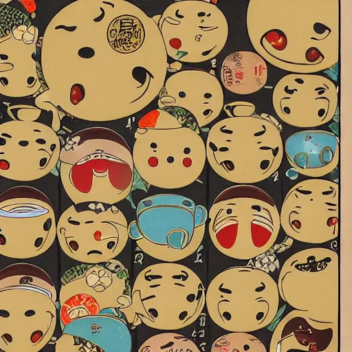 Image similar to traditional japanese ukiyo - e depicting happy smiley coffee cups in a beautiful natural environment