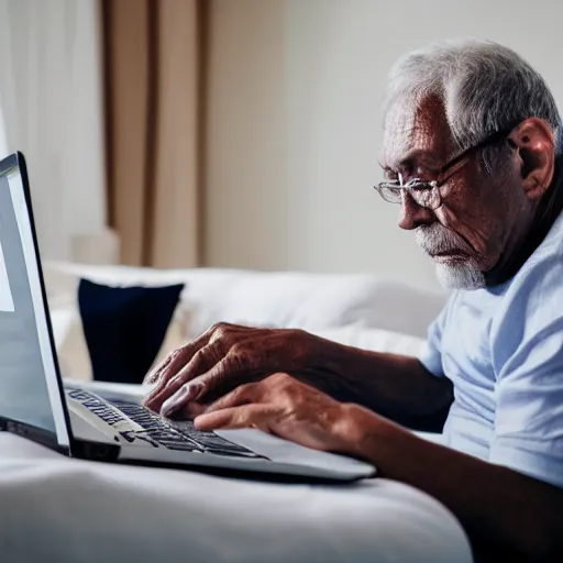 Prompt: elderly man sitting inside a casket browsing internet on laptop from a casket casket